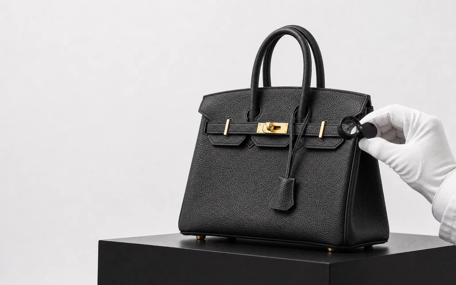 A black Hermès Birkin handbag photographed during authentication